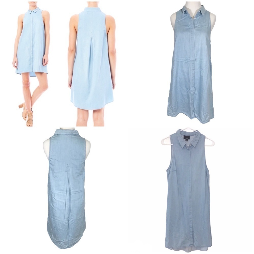 LUMIERE Blue CHAMBRAY Sleeveless Button Up Collar Mini DRESS